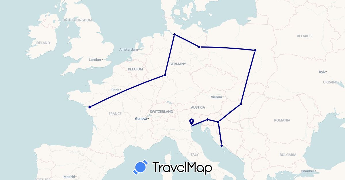 TravelMap itinerary: driving in Germany, France, Croatia, Hungary, Italy, Poland, Slovenia (Europe)